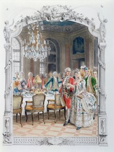 Elegant meal during the Eighteenth century, illustration from 